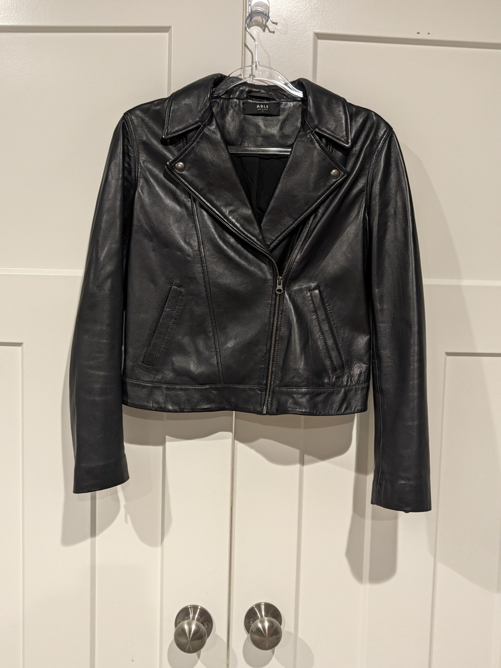 Able Black Leather Moto Jacket with Notch Lapels